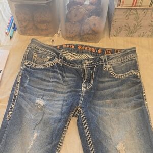 Rock Revival Women's Distressed Blue Boot Cut Capris ns